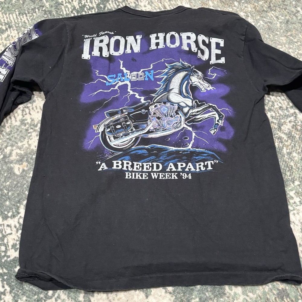 vintage 1994 "World Famous" Iron Horse Saloon long-sleeve biker shirt Anvil L